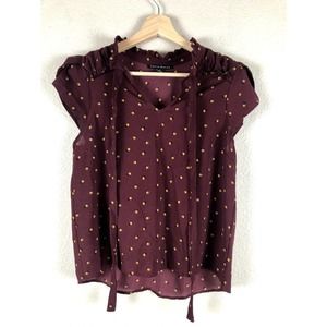 Haute Monde Shirt Maroon Print‎ Ruffled Tie Neck Cap Sleeve Pullover Size Small